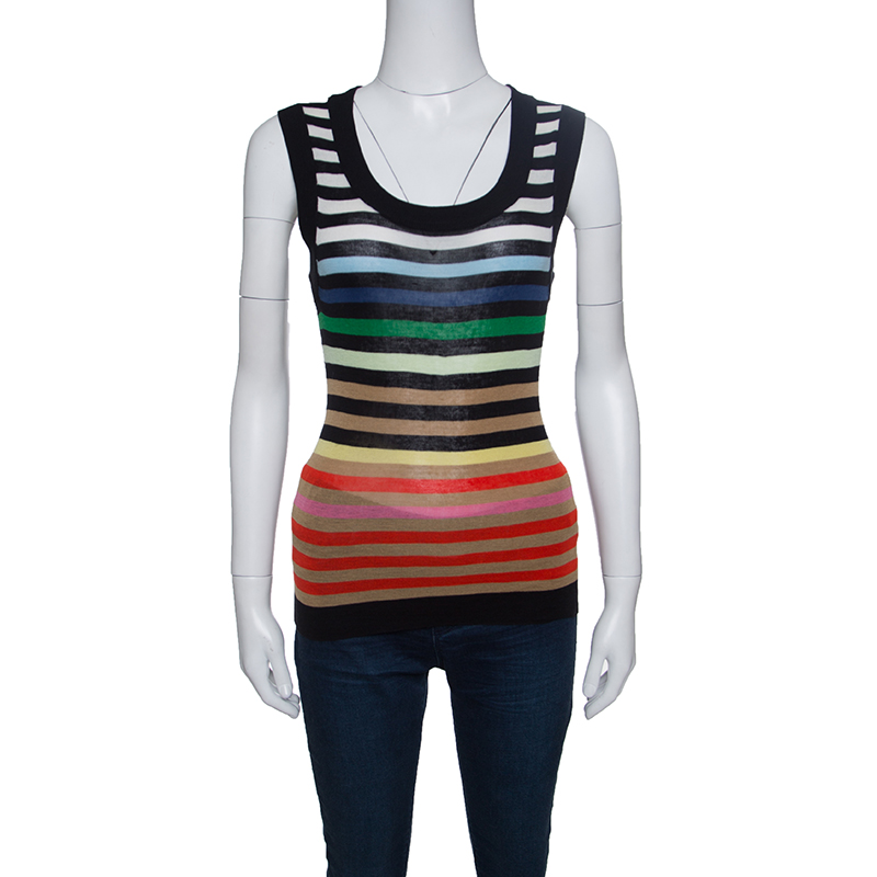 Pre Owned Sonia Rykiel Rainbow Striped Silk and Cotton Knit Sleeveless Tank Top S