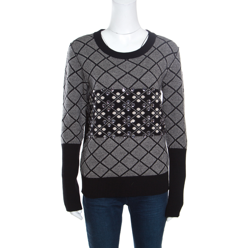 Sonia Rykiel Monochrome Diamond Pattern Wool Embellished Crew Neck Sweater L