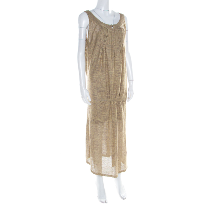Pre-owned Sonia Rykiel Beige Perforated Lurex Knit Maxi Dress L