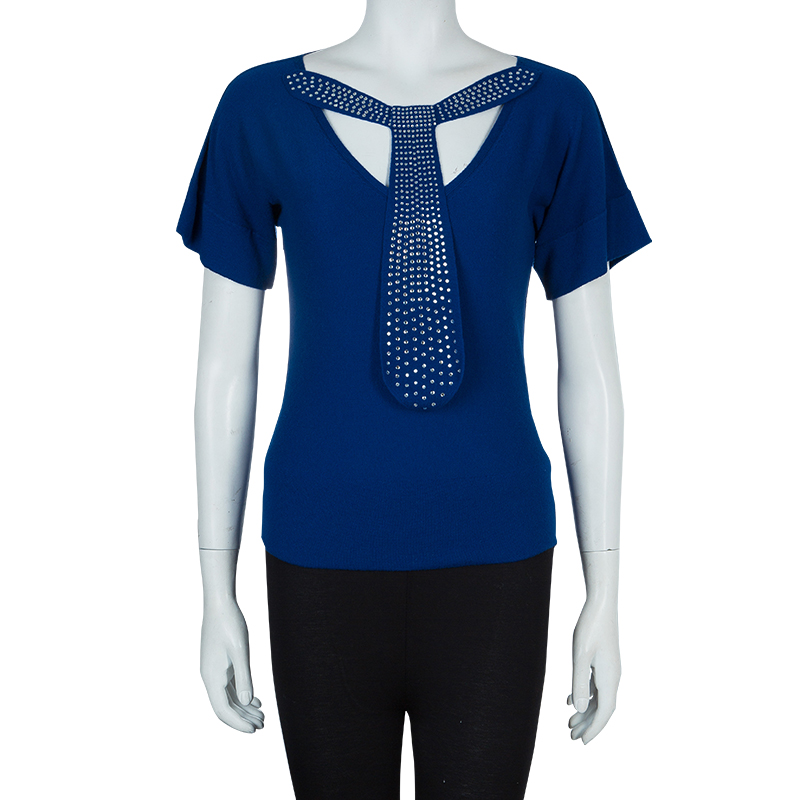 

Sonia Rykiel Blue Knit Short Sleeve Embellished Tie Detail Top