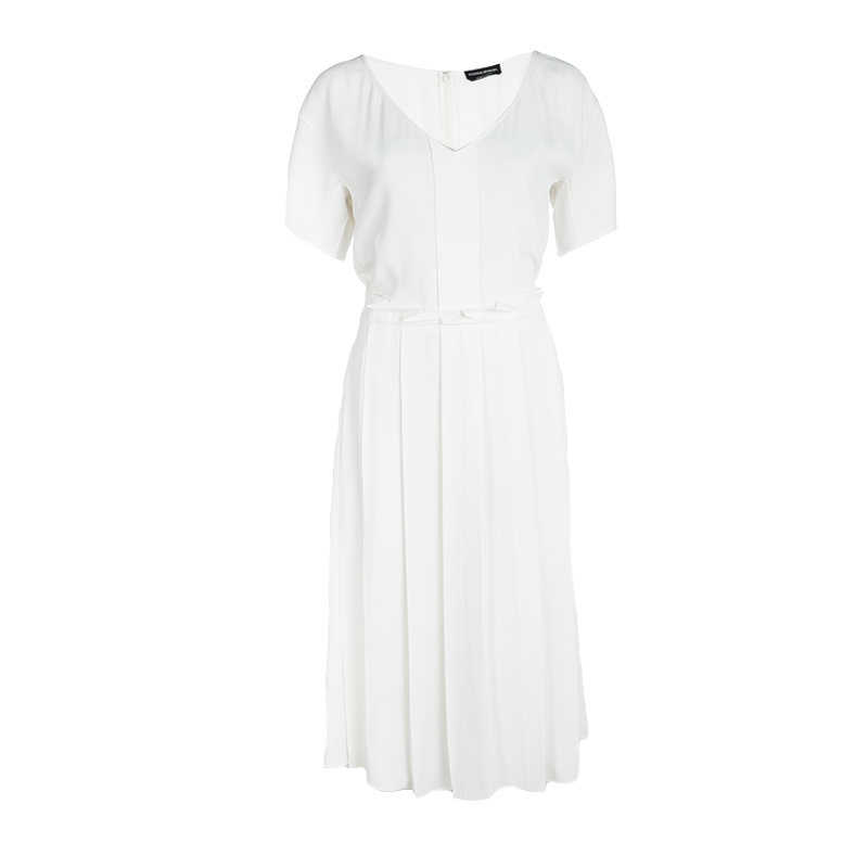 Pre Owned Sonia Rykiel Off White Pleated Tie Detail Short Sleeve Dress M