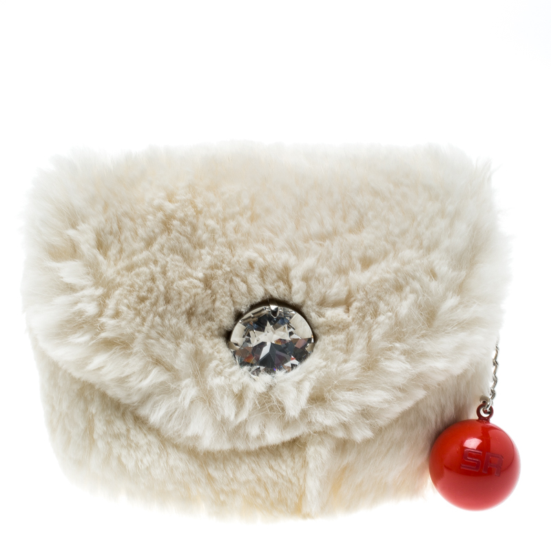 Sonia Rykiel Cream Rabbit Fur Crystal Embellished Clutch 