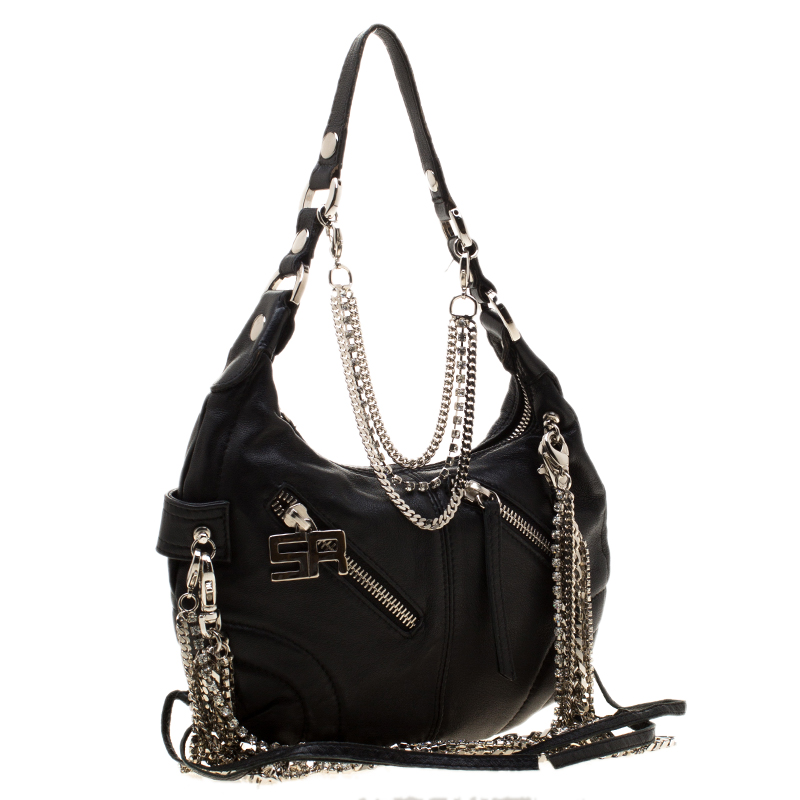 Sonia Rykiel Black Leather Multichain Embellished Small Shoulder