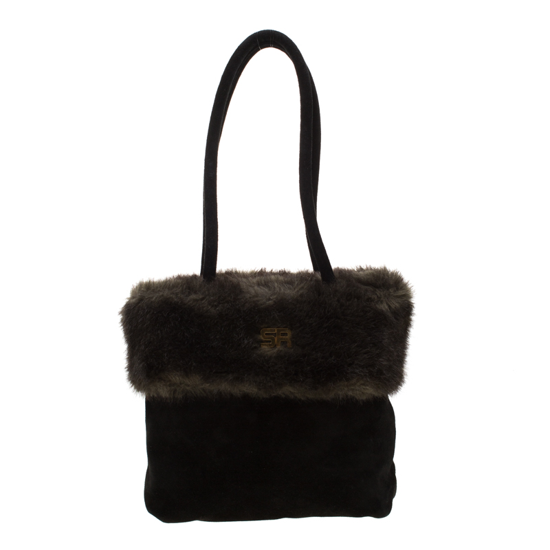 Pre Owned Sonia Rykiel Black/Olive Green Fur and Suede Tote