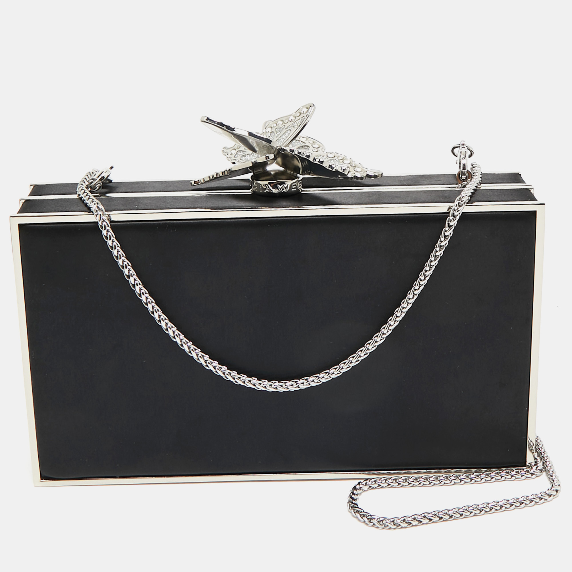 

Sophia Webster Black/Silver Satin Clara Butterfly Box Chain Clutch