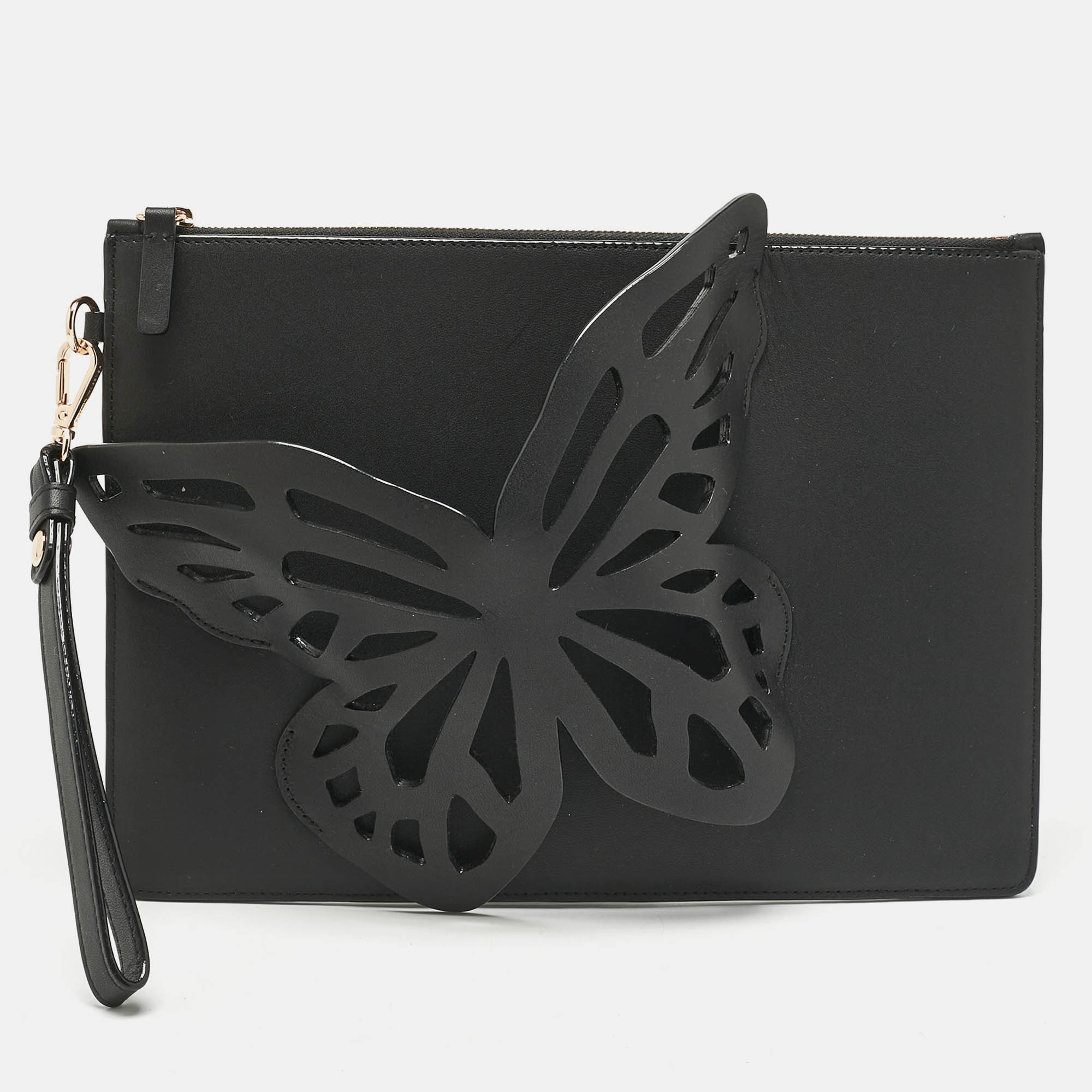 

Sophia Webster Black Leather Flossy Butterfly Wristlet Clutch