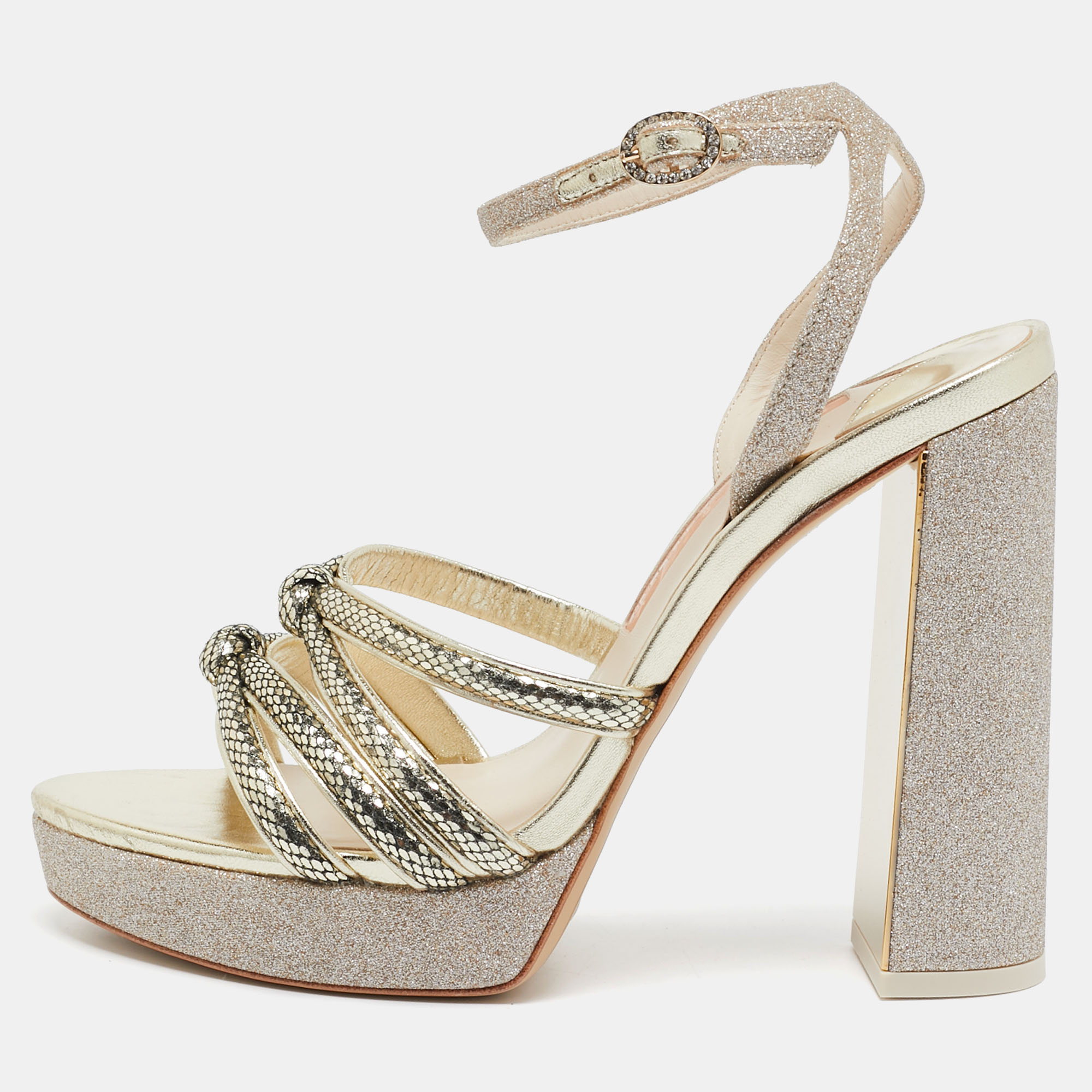 

Sophia Webster Metallic Glitter and Leather Ankle Strap Sandals Size, Gold