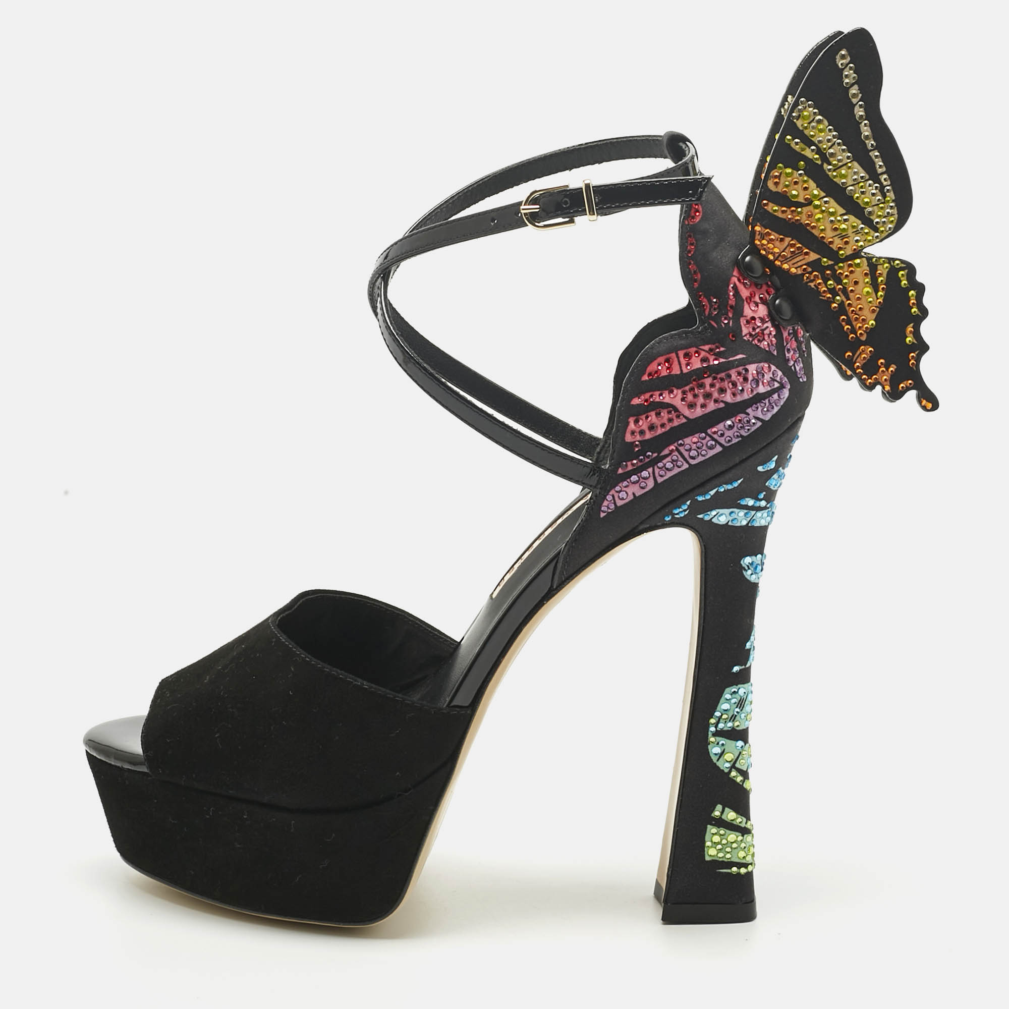 Pre-owned Sophia Webster Multicolor Suede And Satin Crystal Embellish Chiara Platform Pumps Size 39 In Black
