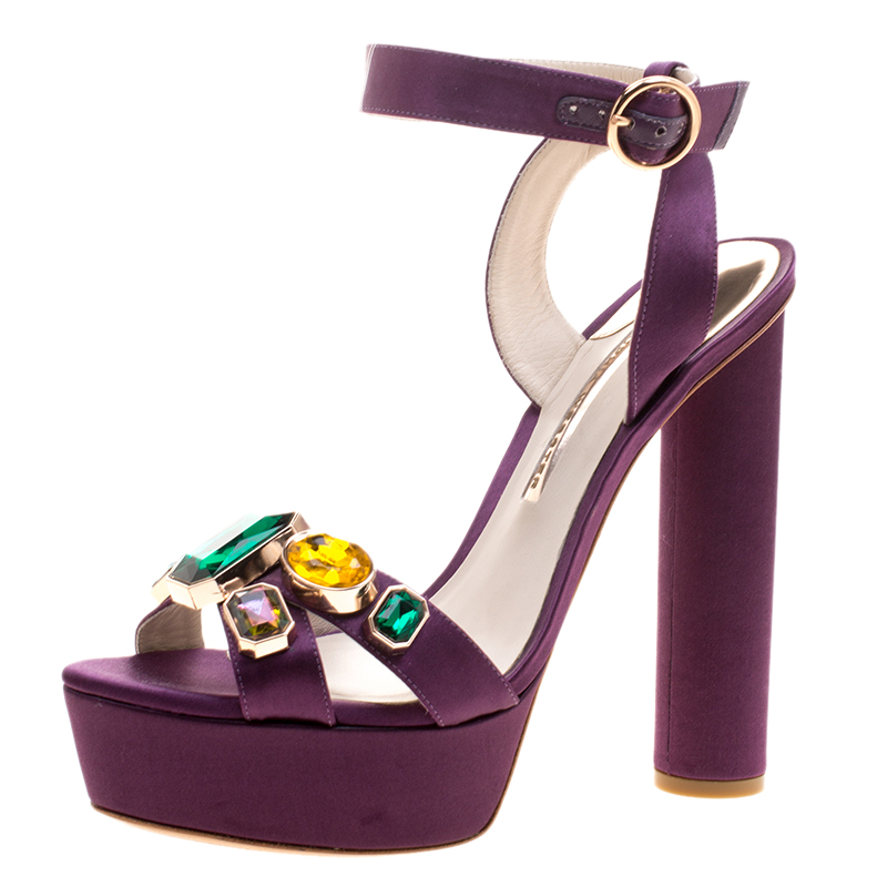 Sophia Webster Purple Satin Amanda Crystal Embellished Cross Strap Sandals Size 41
