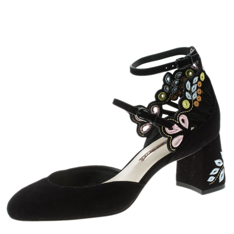 Sophia Webster Black Embroidered Suede Liliana Mary Jane Block Heel Pumps Size 37.5