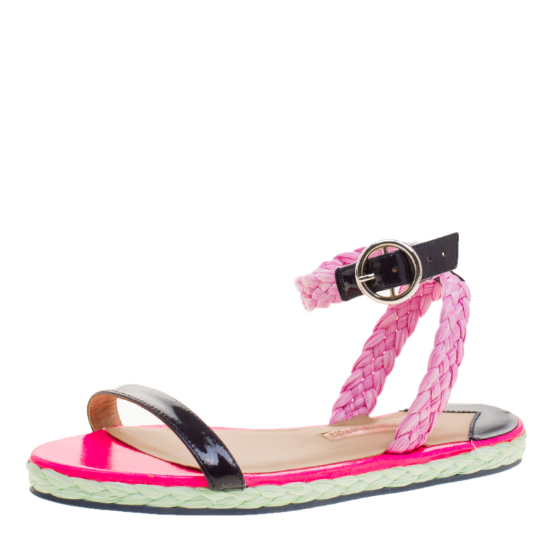 Sophia Webster Pink/Black Straw and Patent Leather Braided Ankle Strap Espadrilles Size 36