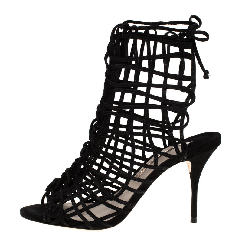 

Sophia Webster Black Suede Delphine Peep Toe Cage Sandals Size