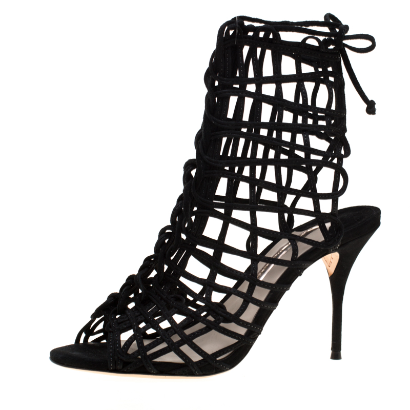 Sophia Webster Black Suede Delphine Peep Toe Cage Sandals Size 39.5