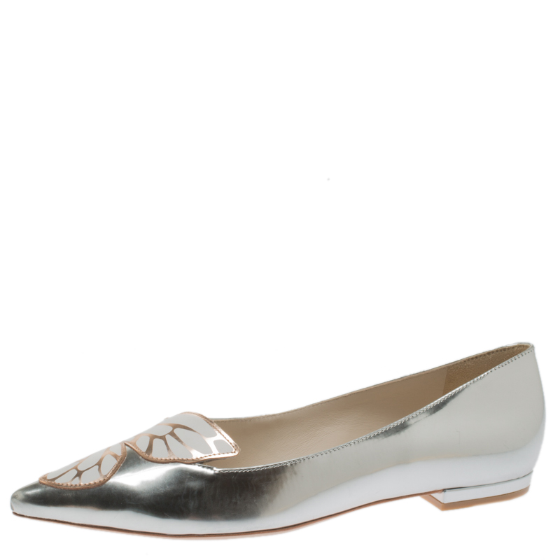 Sophia Webster Metallic Silver Leather Bibi Butterfly Pointed Toe Ballet Flats Size 39.5