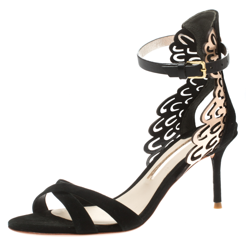 Pre Owned Sophia Webster Black Suede and Laser Cut Rose Gold Leather Micah Open Toe Sandals Size 36.5