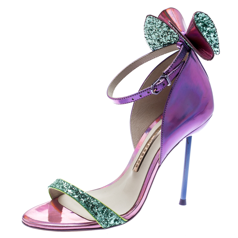 Sophia Webster Metallic Iridescent Pink Leather Maya Crystal Embellished Bow Ankle Strap Sandals Size 35.5