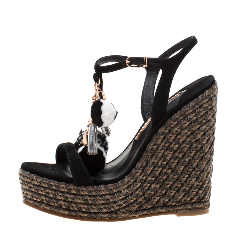 

Sophia Webster Black Suede Pom Pom Lucita Espadrille Wedge Size
