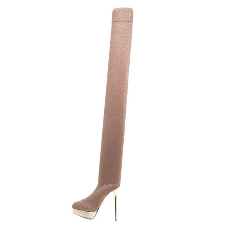 

Charlotte Olympia Beige Glitter Jersey More Is More Thigh High Platform Boots Size, Brown
