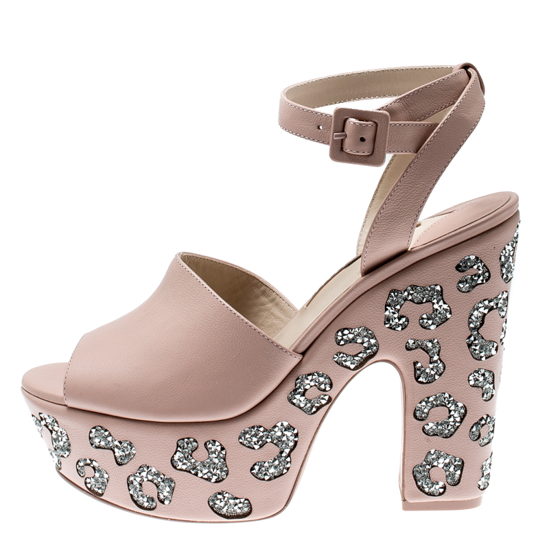 

Sophia Webster Beige Leather Havisham Crystal Embellished Leopard Design Ankle Strap Platform Sandals Size