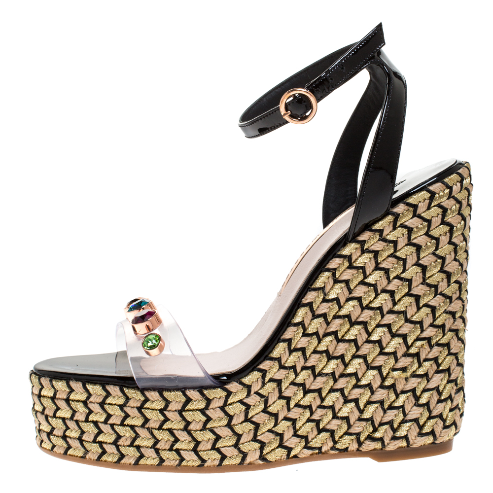 

Sophia Webster Black Patent Leather And PVC Dina Crystal Studded Wedge Espadrille Platform Ankle Strap Sandals Size