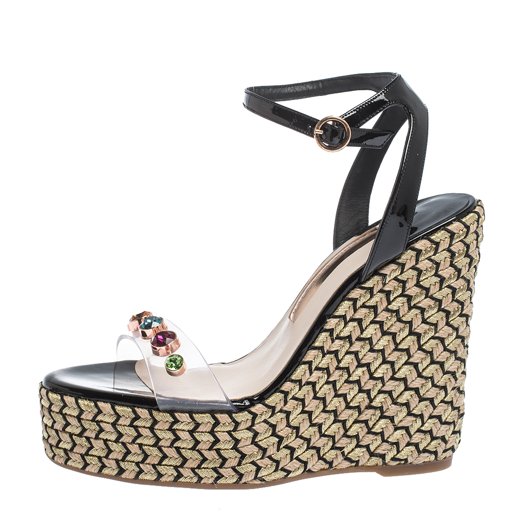 

Sophia Webster Black Patent Leather and PVC Dina Crystal Studded Wedge Espadrille Platform Ankle Strap Sandals Size