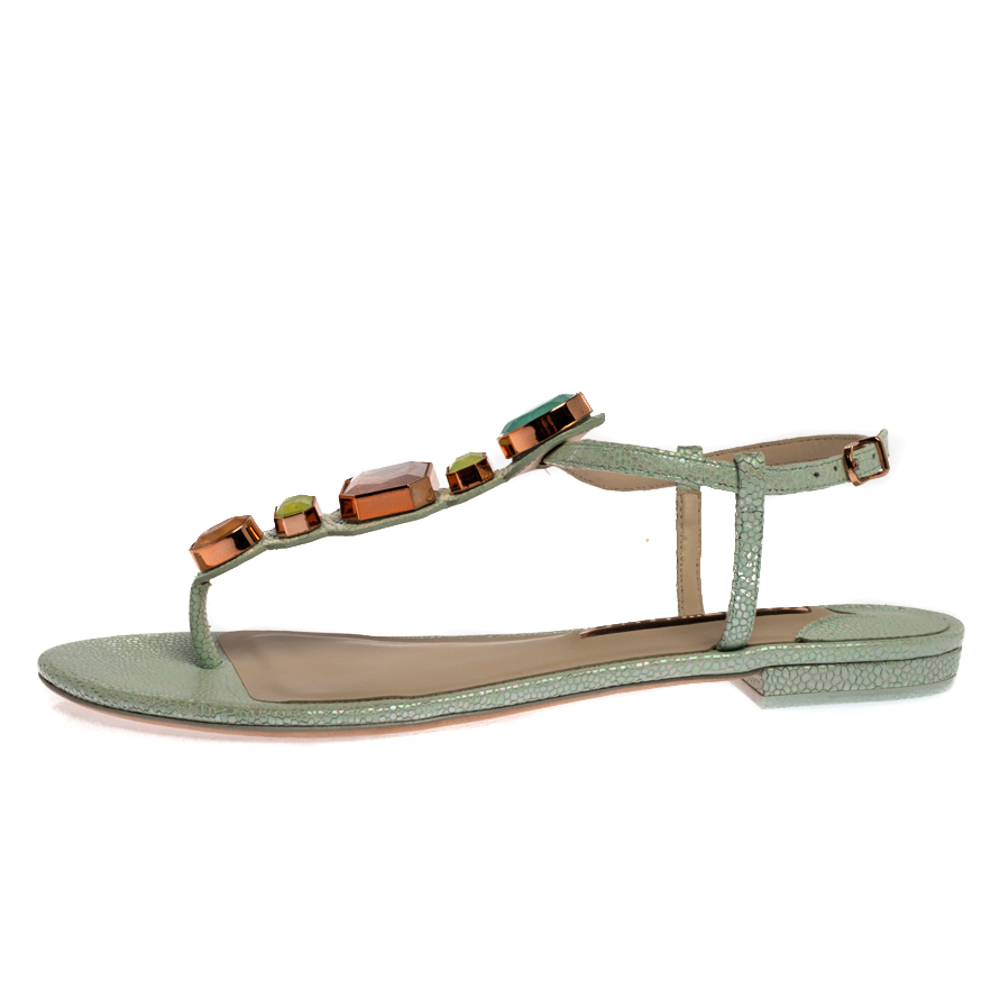 

Sophia Webster Mint Green Iridescent Leather Lily Jewel Embellished Thong Sandals Size