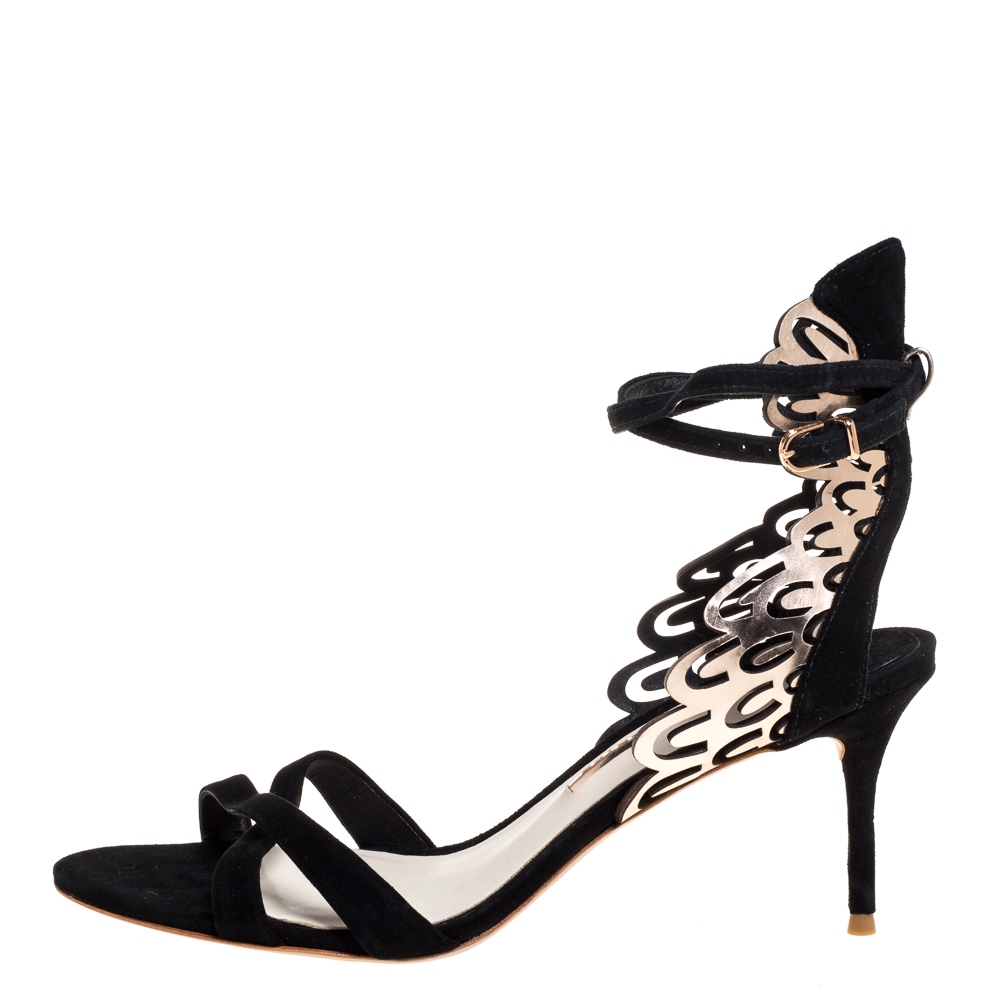 

Sophia Webster Black Suede and Laser Cut Rose Gold Leather Micah Open Toe Sandals Size