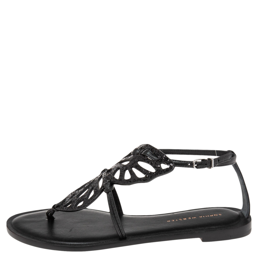 

Sophia Webster Black Glitter Leather Butterfly Flat Sandals Size