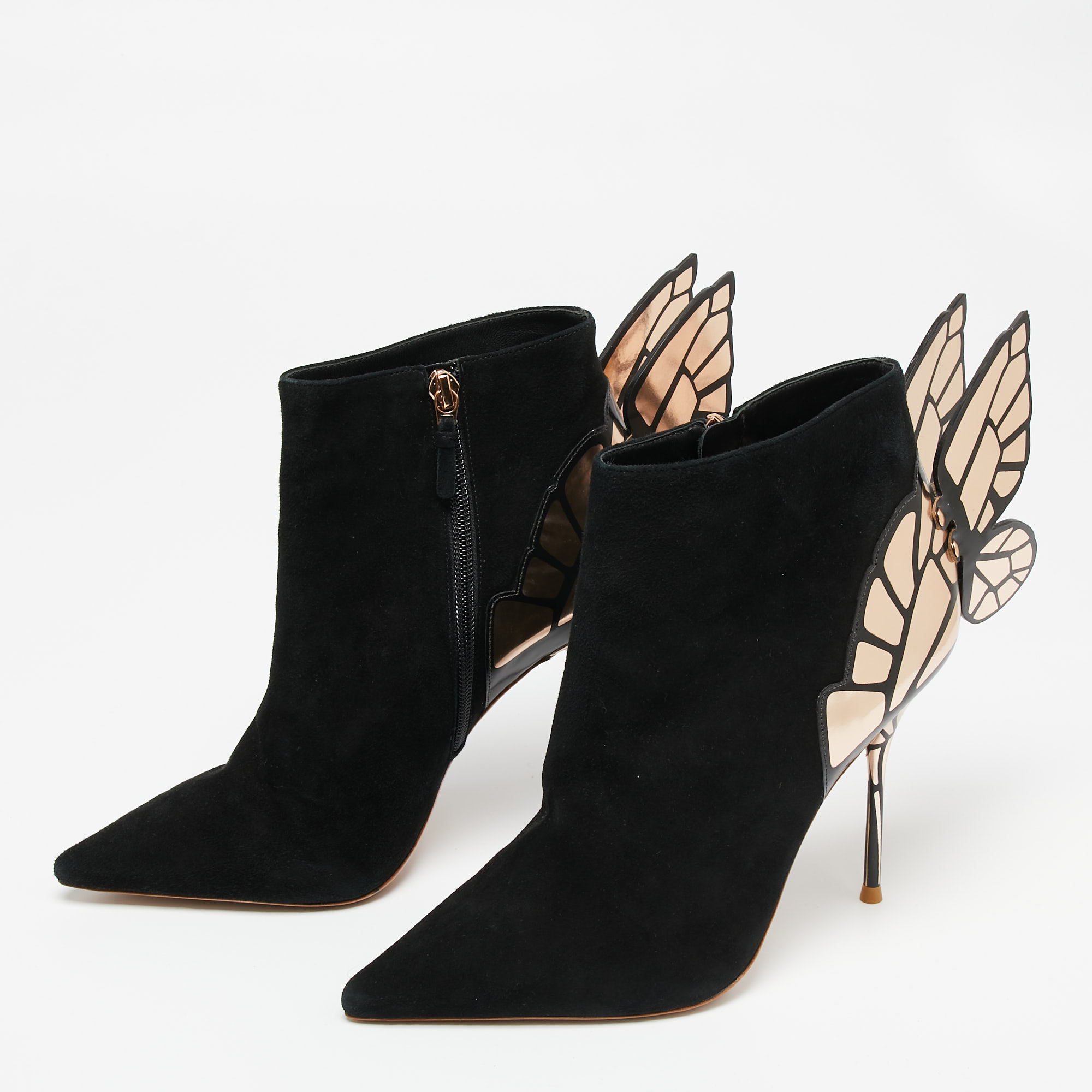 

Sophia Webster Black/Rose Gold Suede And Leather Chiara Wing Ankle Boots Size