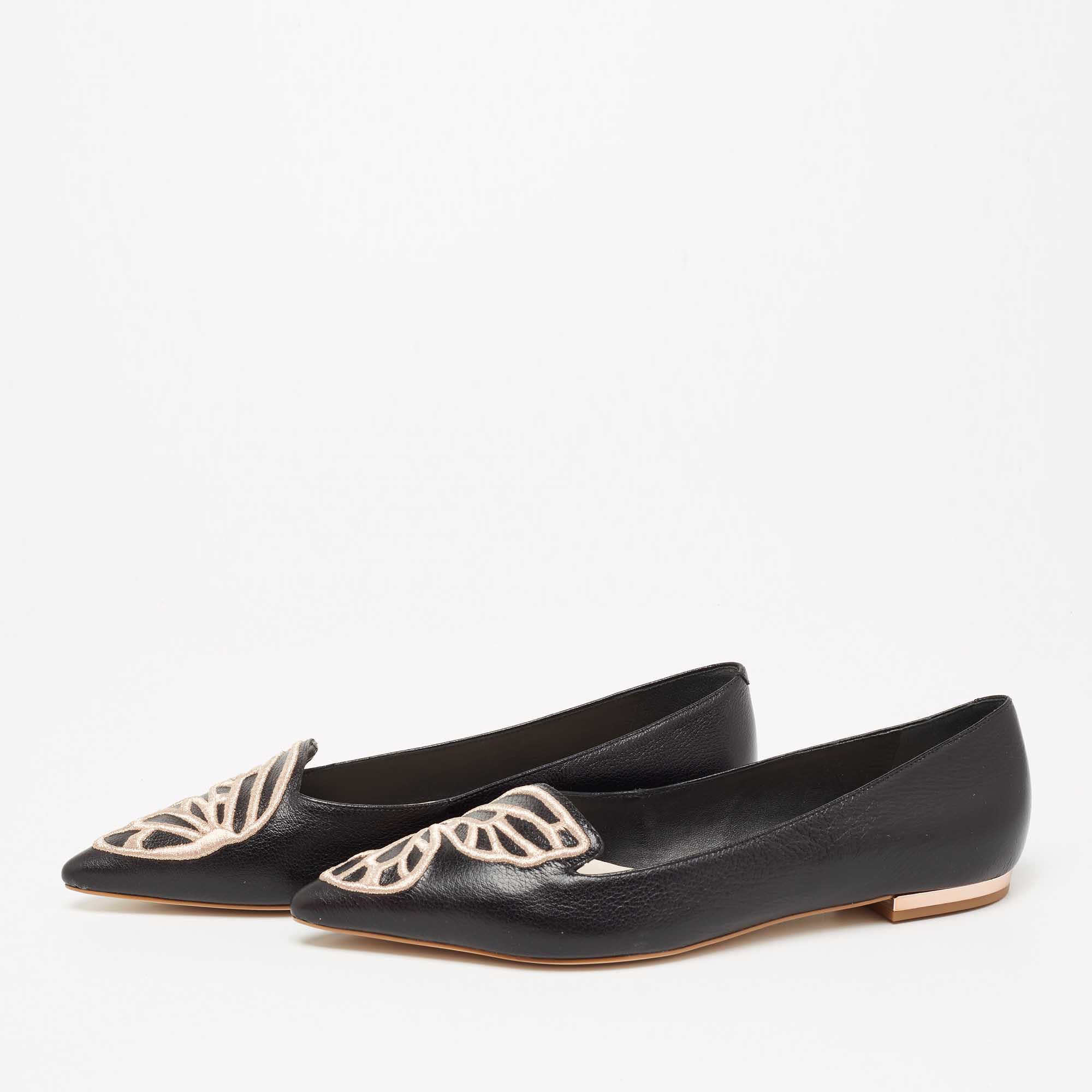 

Sophia Webster Black Leather Embroidered Bibi Butterfly Pointed-Toe Ballet Flats Size