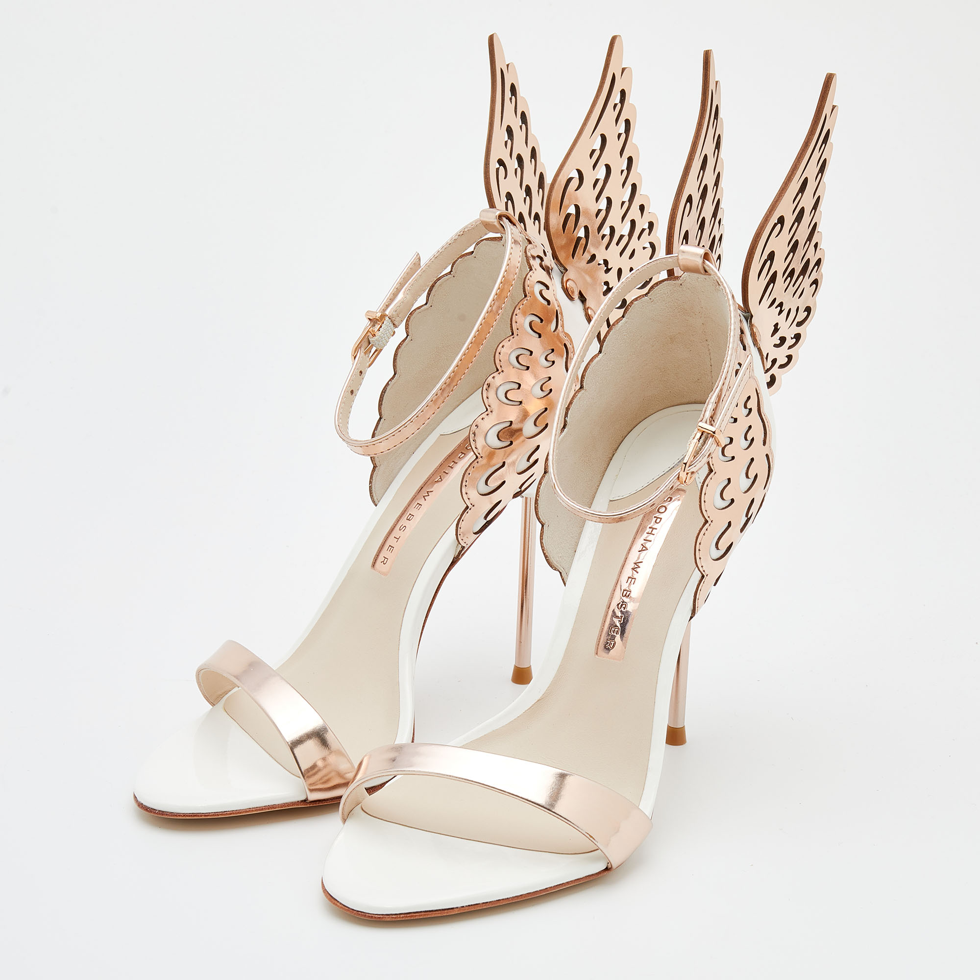

Sophia Webster Rose Gold/White Leather Evangeline Laser Cut Angel Wing Ankle Strap Sandals Size, Pink