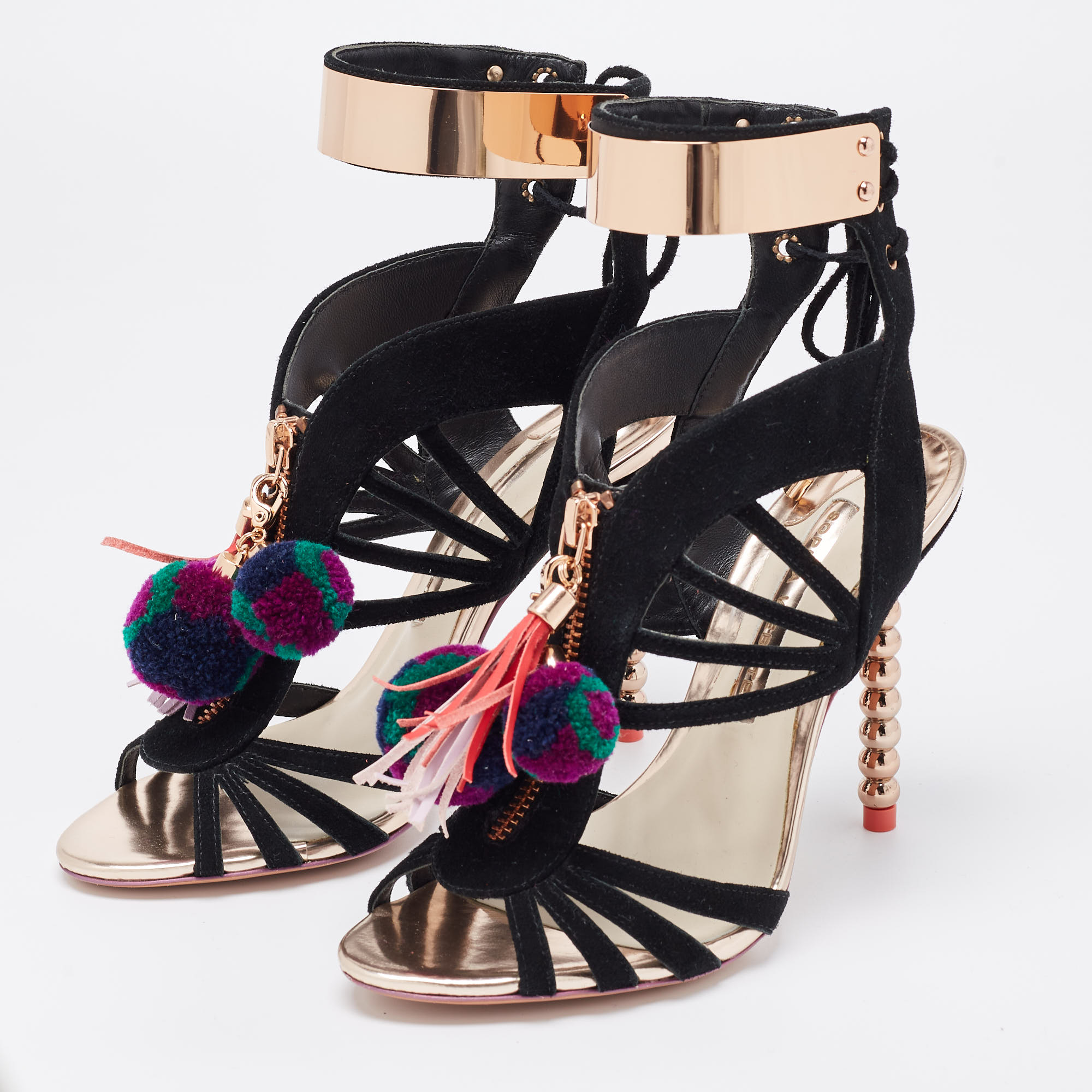 

Sophia Webster Black Suede Pom Pom Ankle Strap Sandals Size