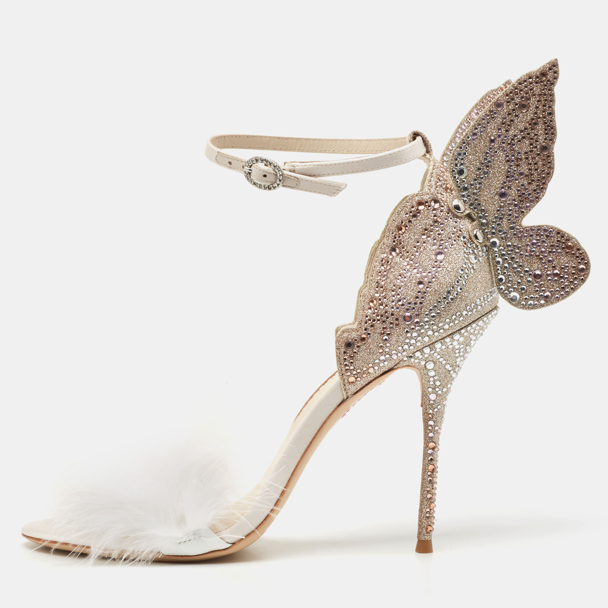 

Sophia Webster Gold/White Satin and Feather Embellished Chiara Butterfly Ankle Strap Sandals Size