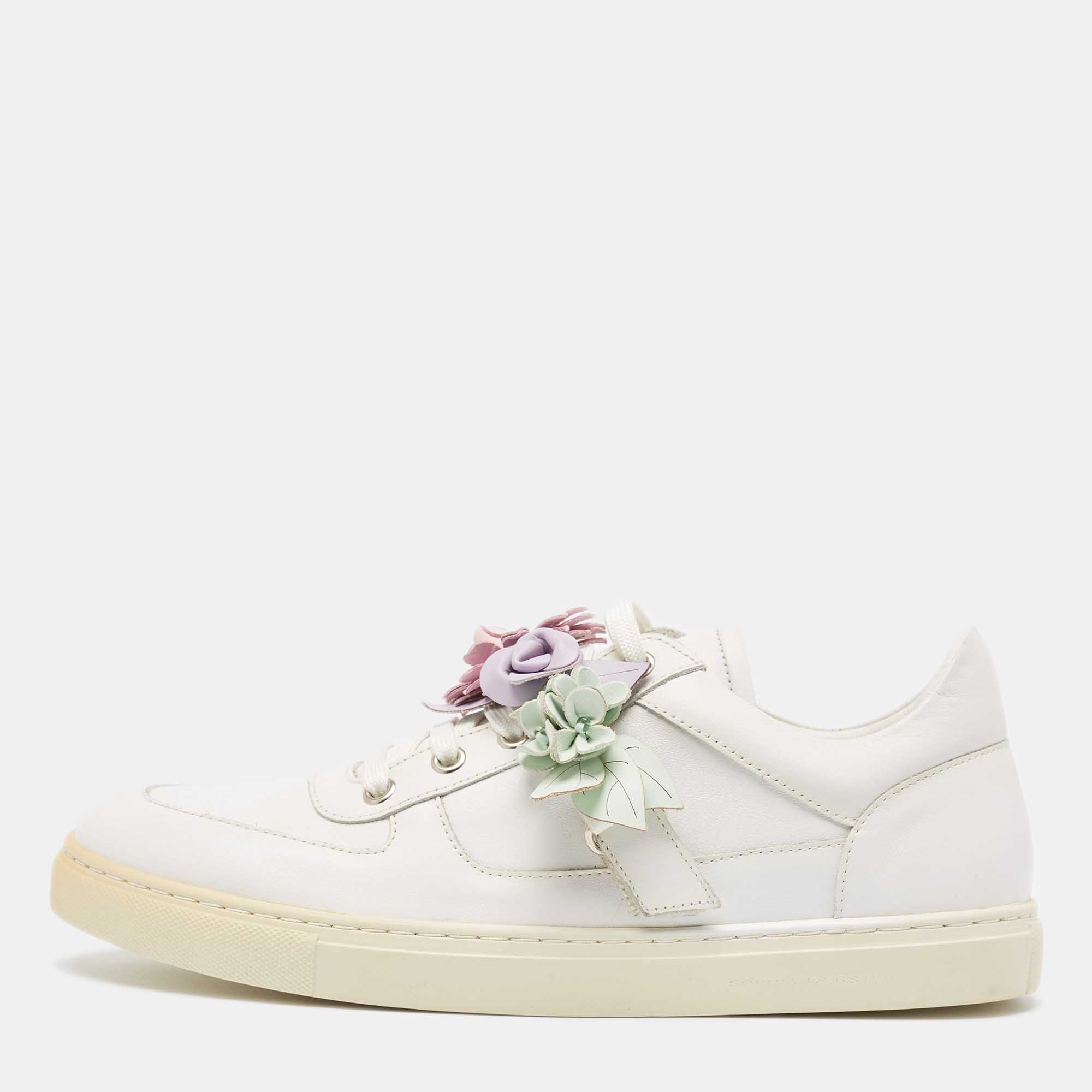 Pre-owned Sophia Webster White Leather Flower Embellished Low Top Sneakers Size 42