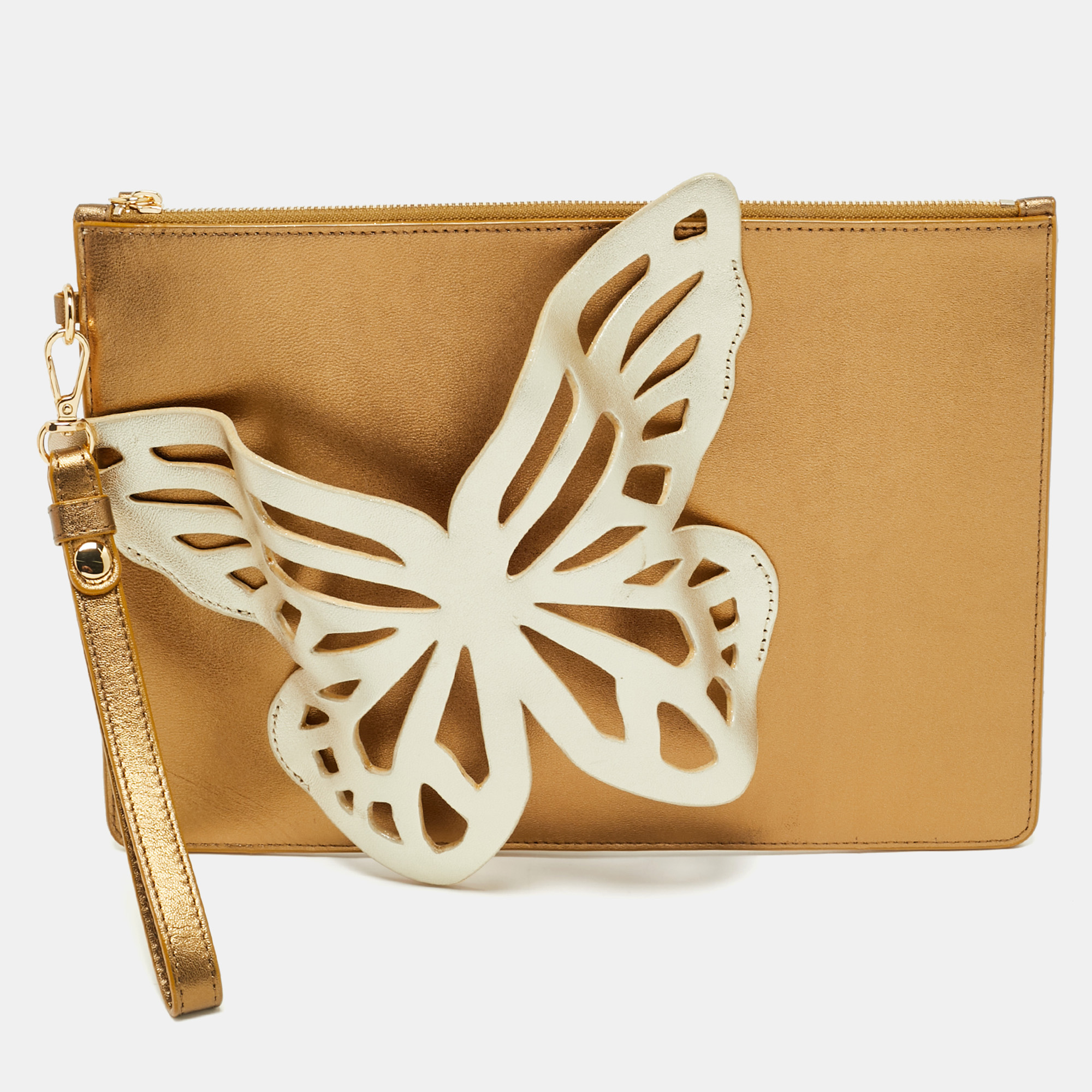 

Sophia Webster Gold Leather Butterfly Wristlet Pouch