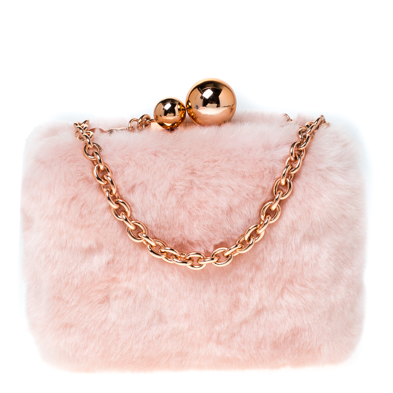 Pre Owned Sophia Webster Light Pink Faux Fur Vivi Bella Chain Clutch