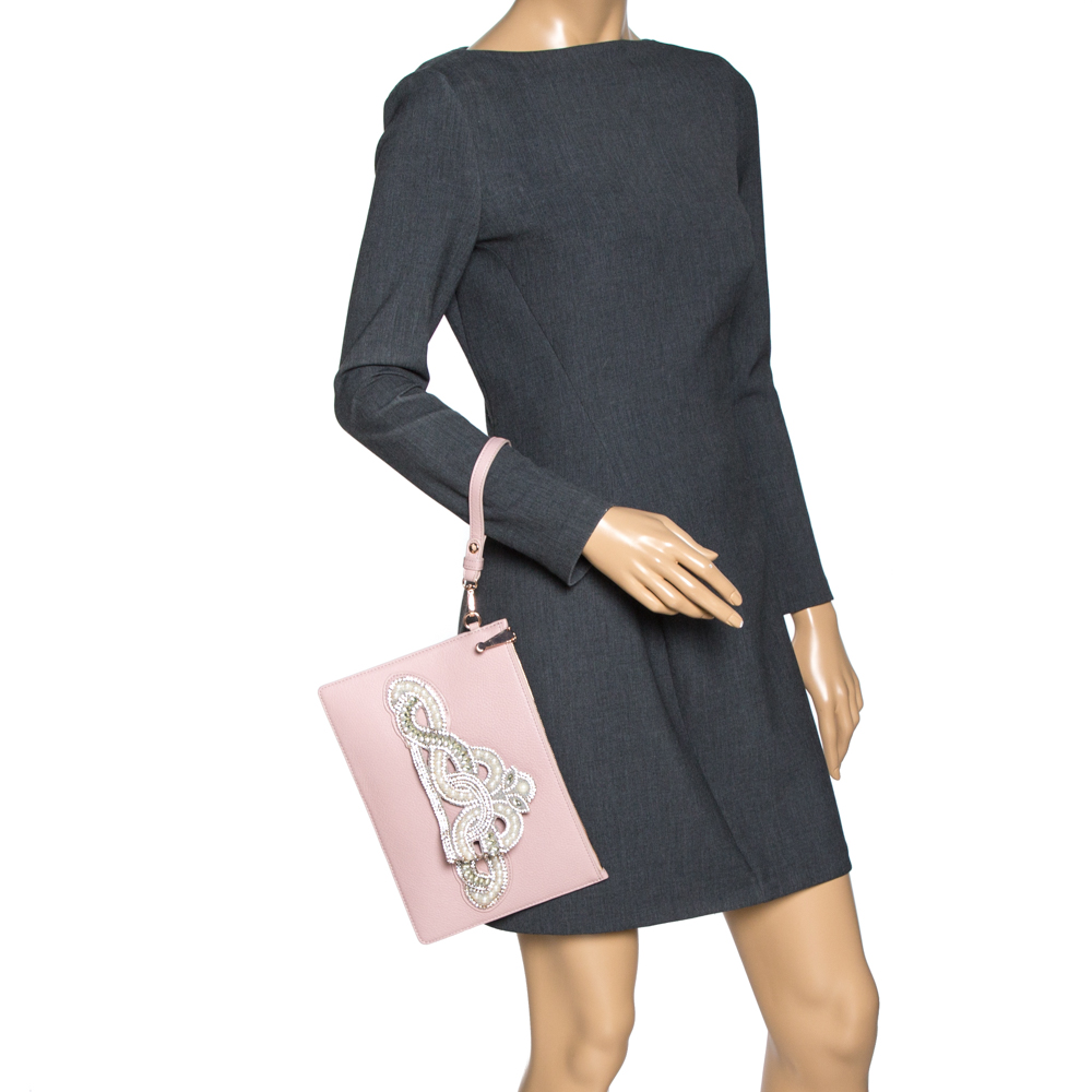 

Sophia Webster Powder Pink Leather Flowwy Royalty Wristlet Clutch
