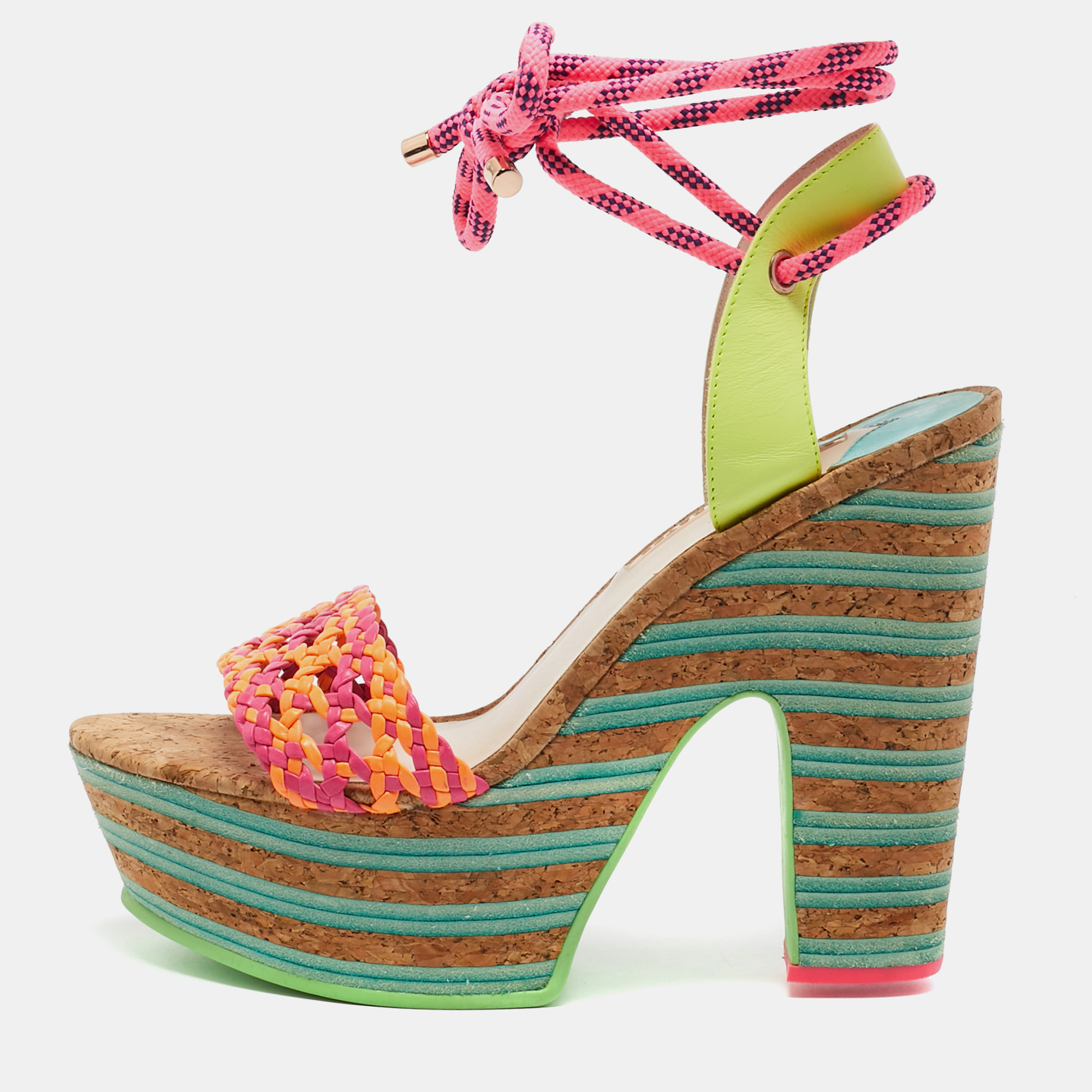 

Sophia Webster Multicolor Woven Leather Jade Cork Platform Ankle Wrap Sandals Size
