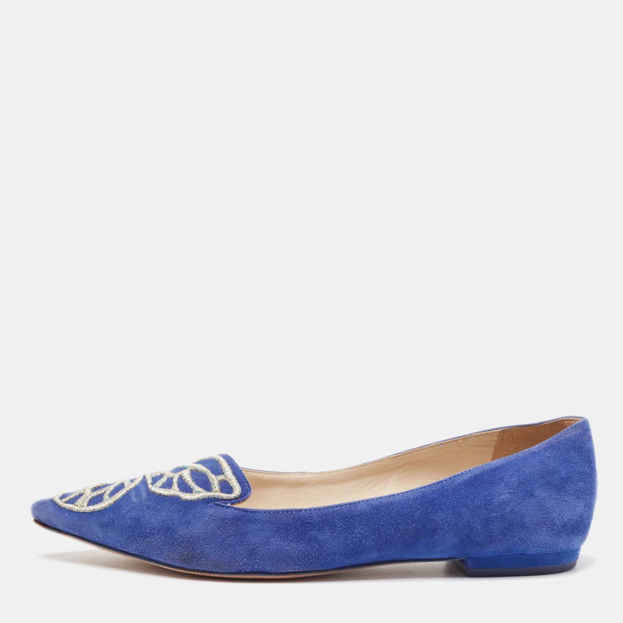 Pre-owned Sophia Webster Blue Suede Bibi Butterfly Ballet Flats Size 36.5