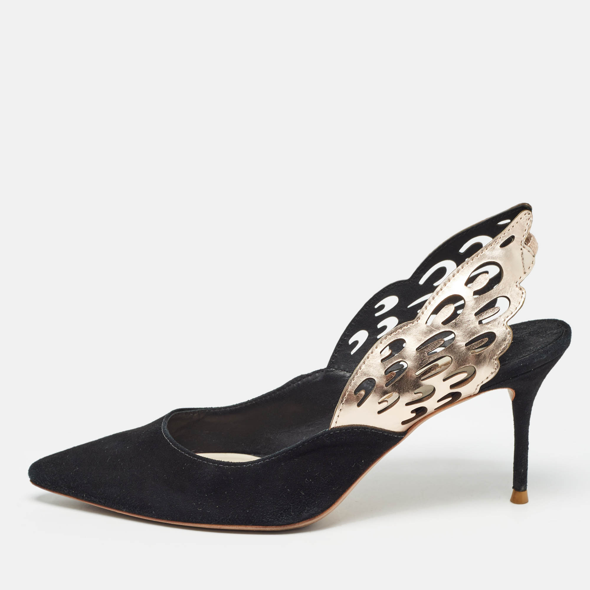 

Sophia Webster Black/Metallic Bronze Suede And Leather Angelo Slingback Pumps Size