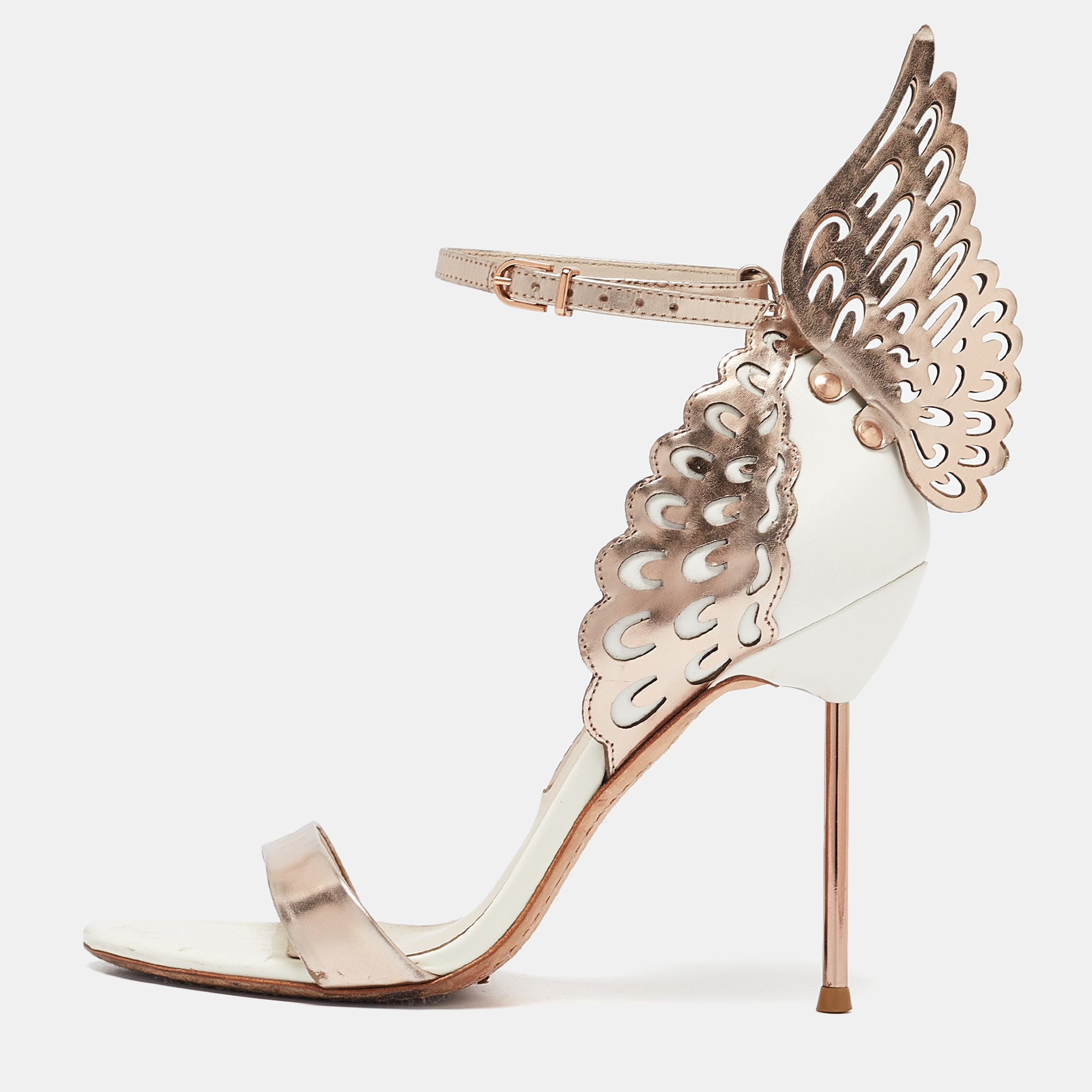 

Sophia Webster Gold Laser Cut Rose Gold Leather Evangeline Open Toe Sandals Size, White