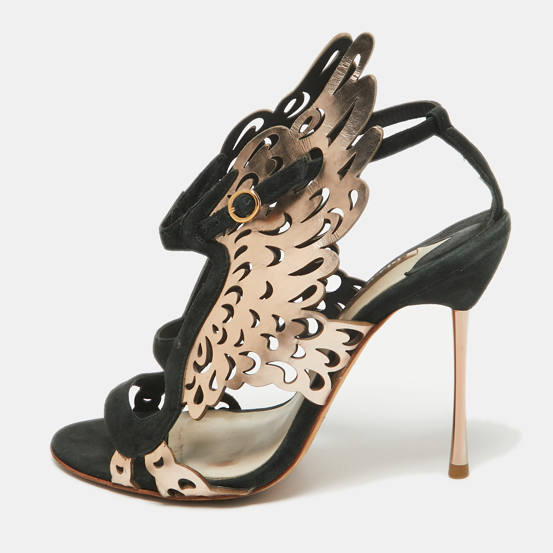 Pre-owned Sophia Webster Dark Green/rose Gold Suede And Leather Laser Cut Parisa Sandals Size 38 In Metallic