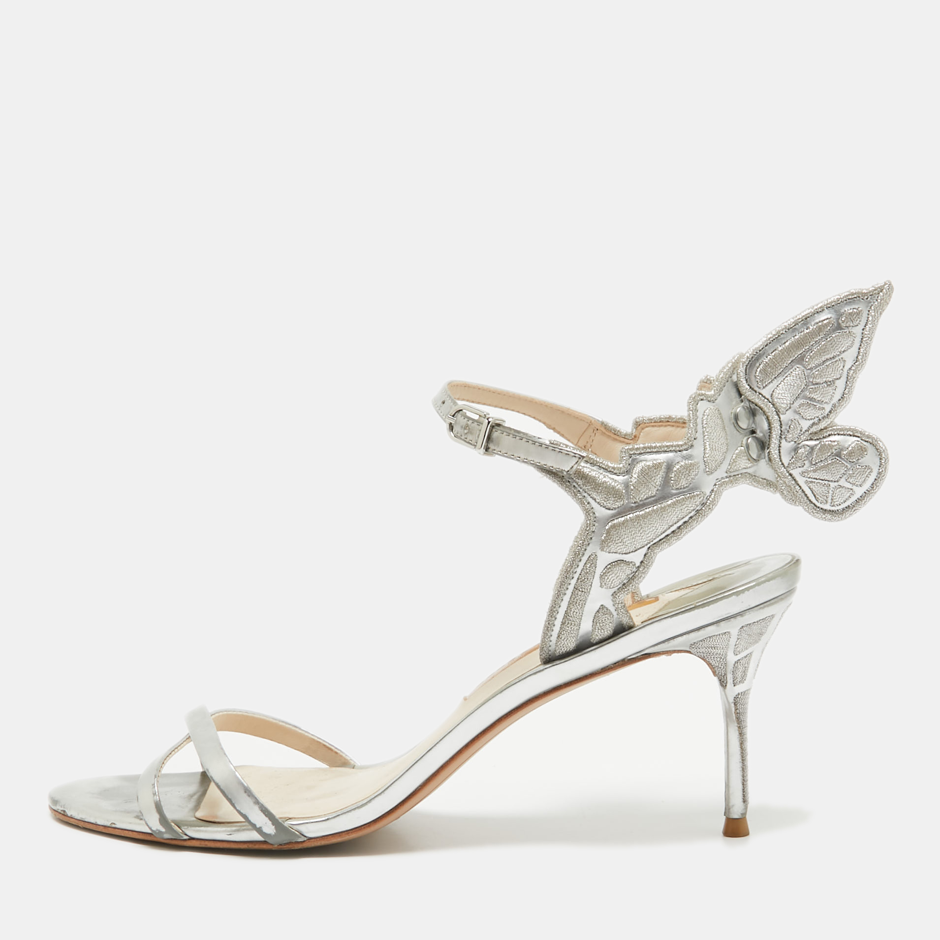 Pre-owned Sophia Webster Silver Faux Leather Butterfly Ankle Strap Sandals Size 40