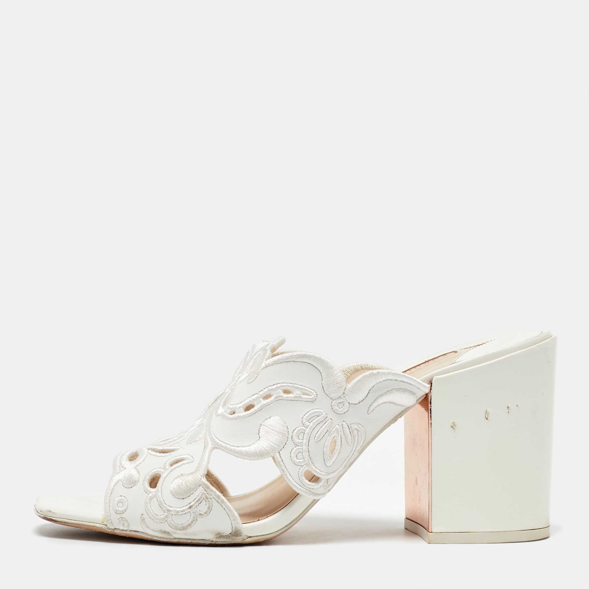 

Sophia Webster White Leather Embroidery Laser Cut Block Heel Mules Size