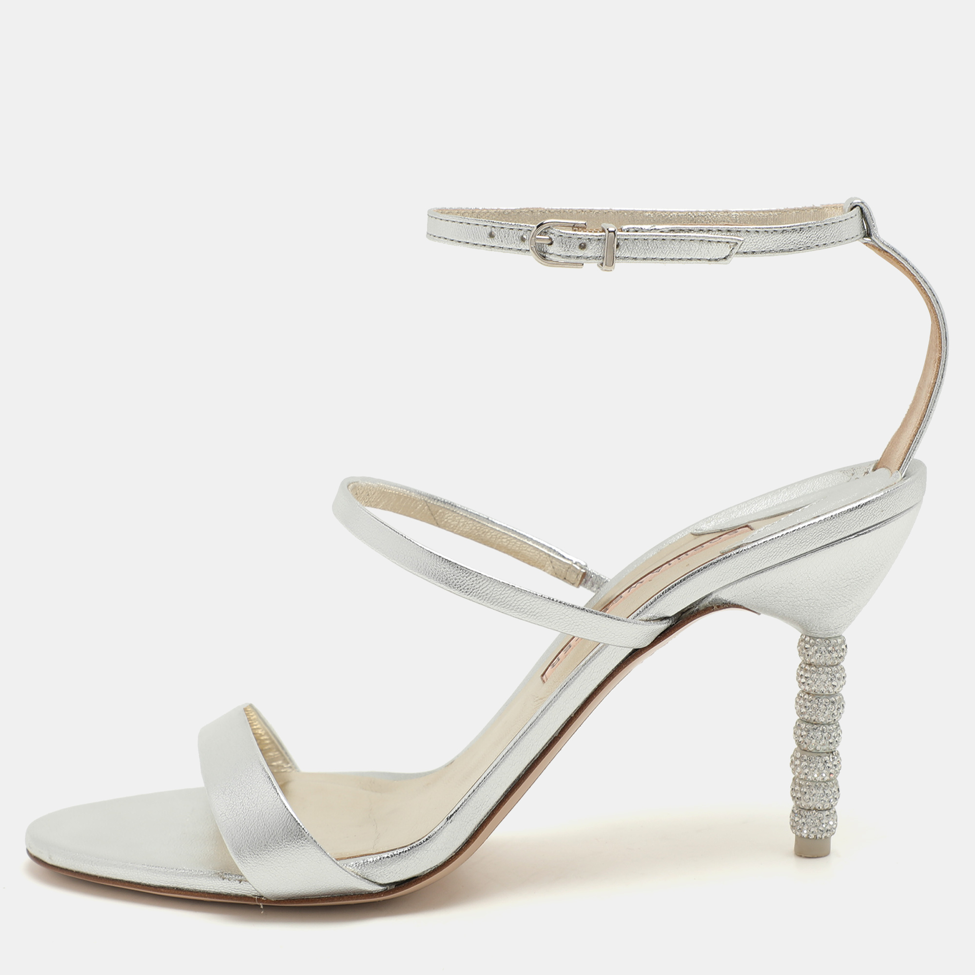 

Sophia Webster Silver Leather Rosalind Crystal Heel Ankle Strap Open Toe Sandals Size