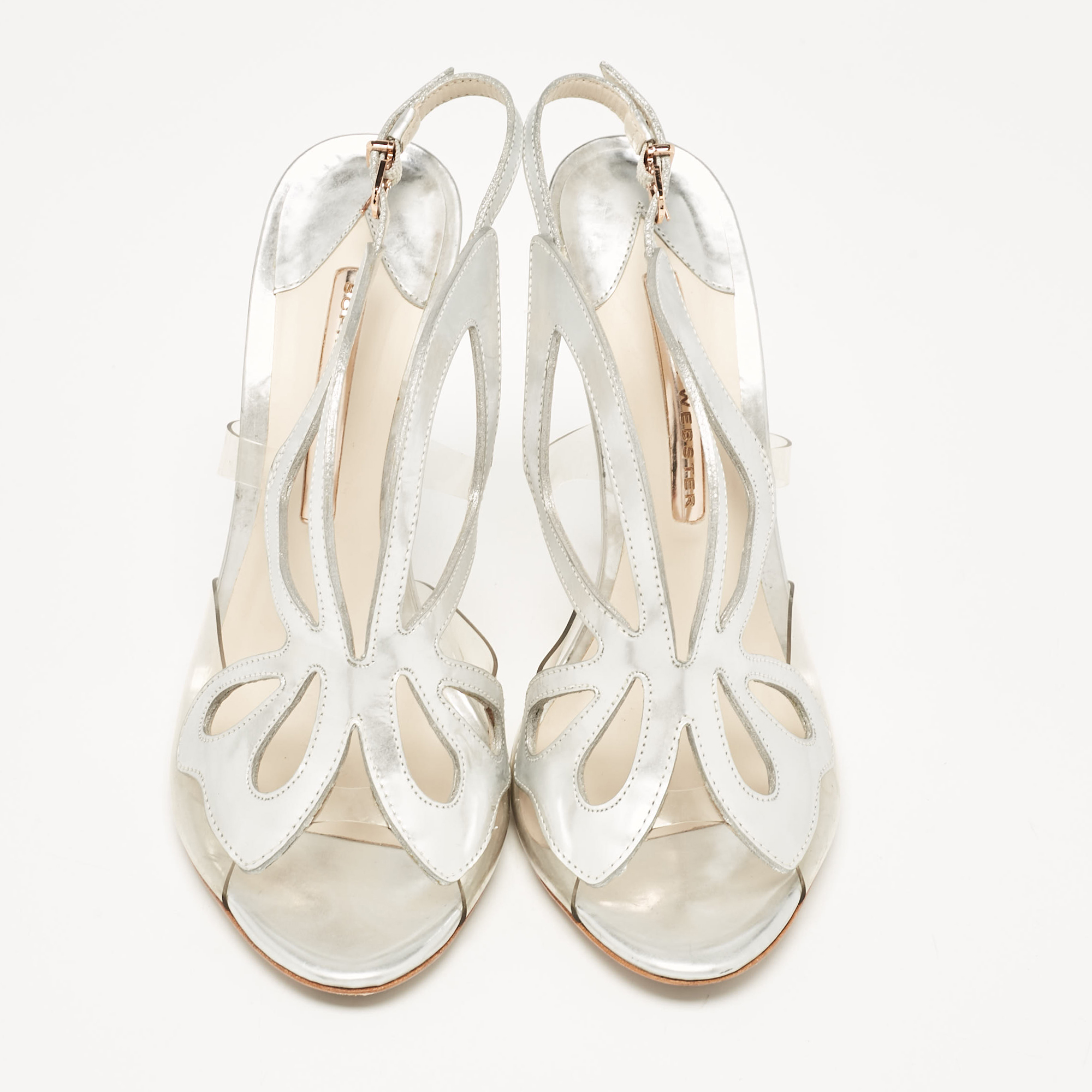 Sophia Webster Silver Leather Floral Applique Slingback Sandals Size 39 