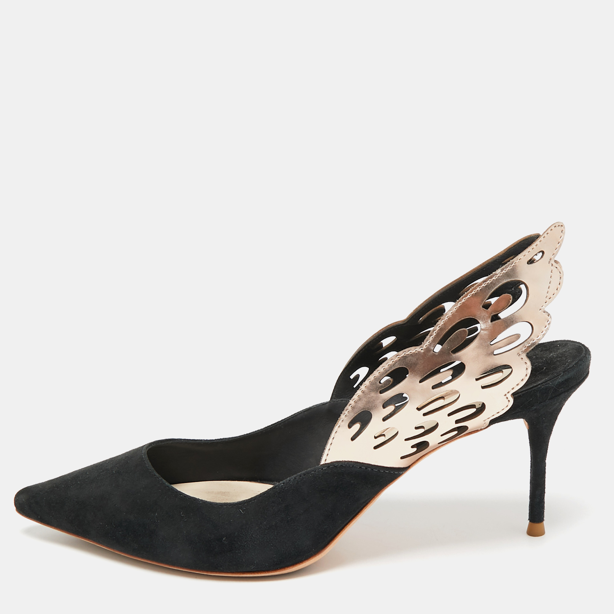 

Sophia Webster Black/Metallic Bronze Suede And Leather Angelo Slingback Pumps Size