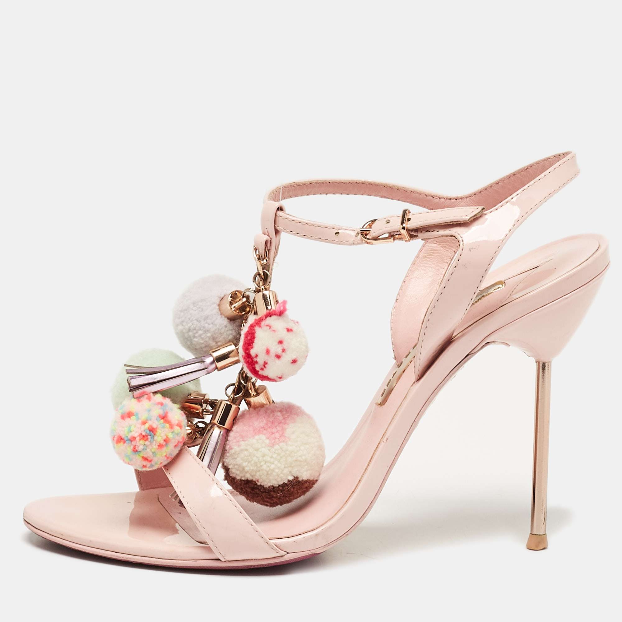 

Sophia Webster Pink Patent Leather Layla Pom Pom Embellished T Strap Sandals Size