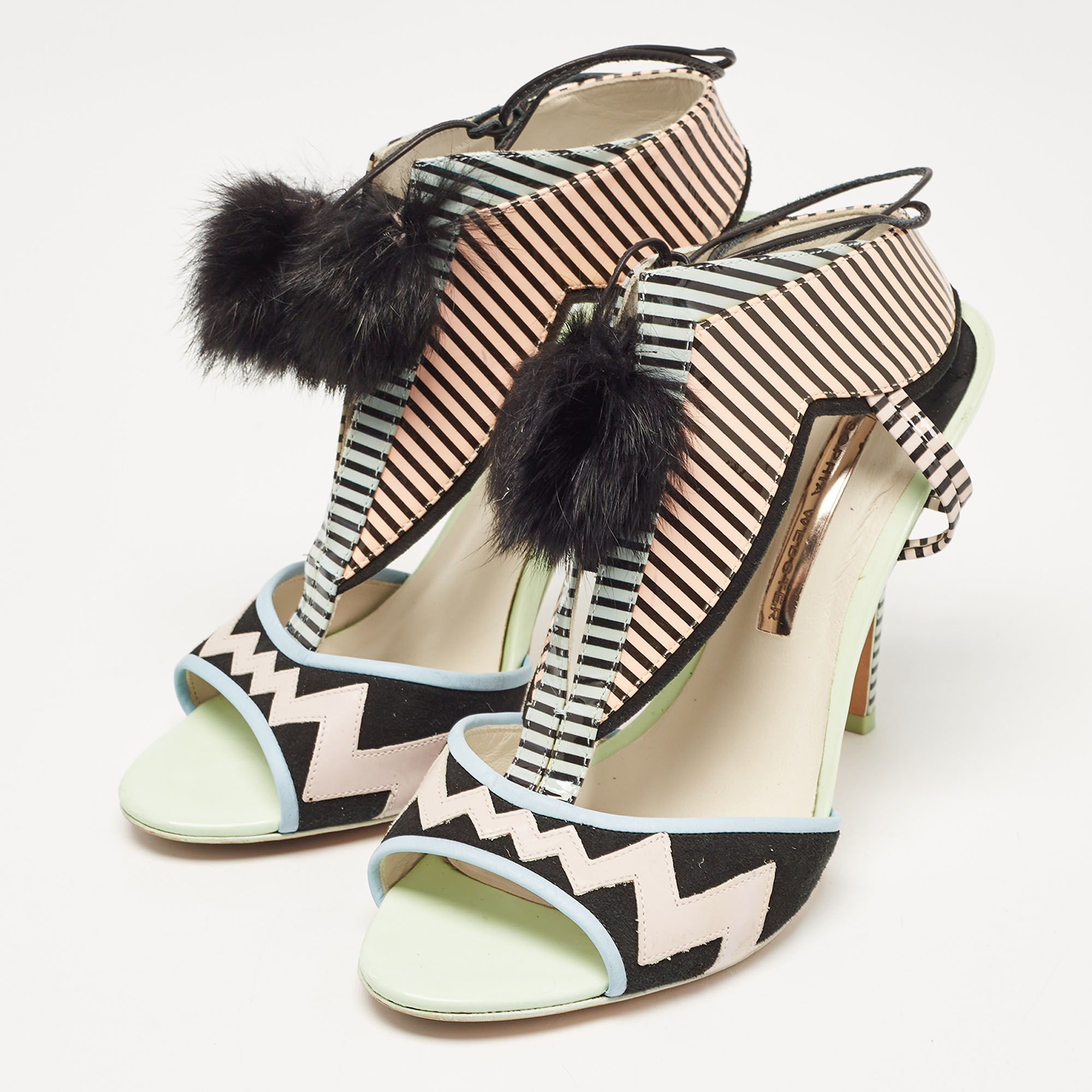 Sophia Webster Multicolor Patent Leather Fur Pom Pom Ankle Tie Up Sandals Size 41 