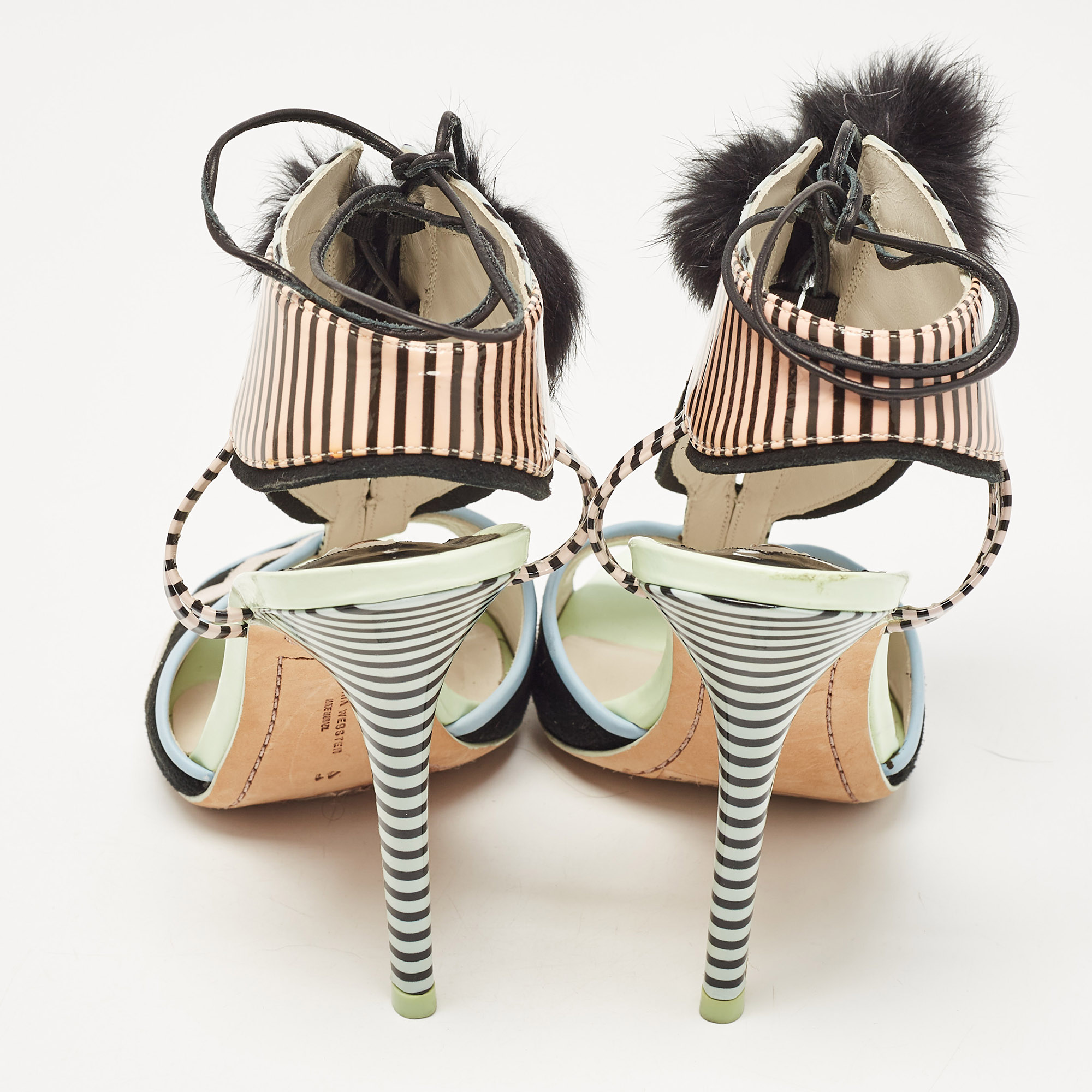 Sophia Webster Multicolor Patent Leather Fur Pom Pom Ankle Tie Up Sandals Size 41 